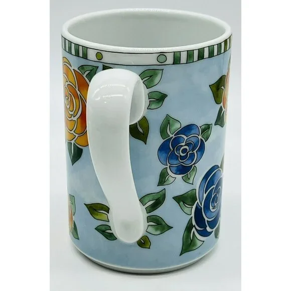 Dansk Danika Rose Coffee Mug Orange Blue Red Roses 4 inch 10 ounce 2015 Lot of 2 - Picture 6 of 11